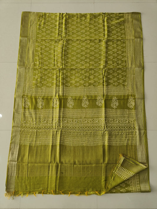 HAND BLOCK BAGRU PRINTED ART SILK CHANDERI SAREE WITH BLOUSE (CIH63)