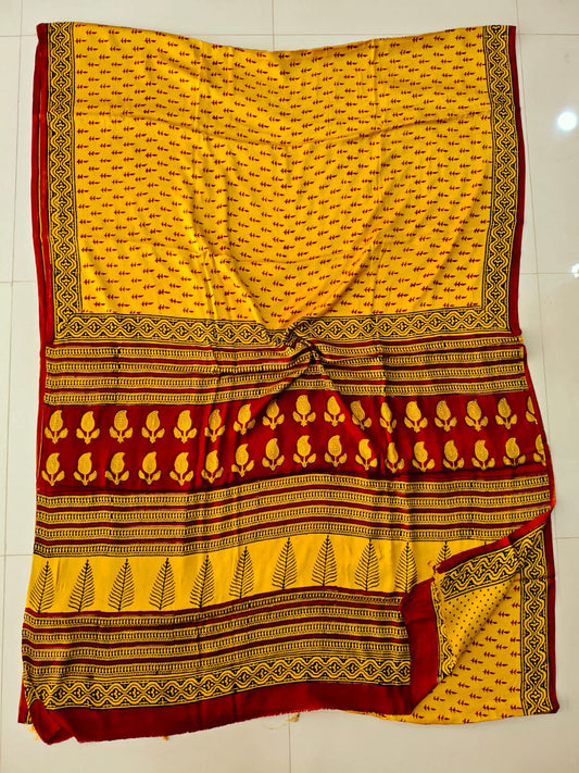 Ajrakh Hand Block Bagru Vanspati Printend Modal Silk Saree with Blouse (CID97)