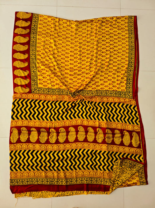 Ajrakh Hand Block Bagru Vanspati Printend Modal Silk Saree with Blouse (CID98)