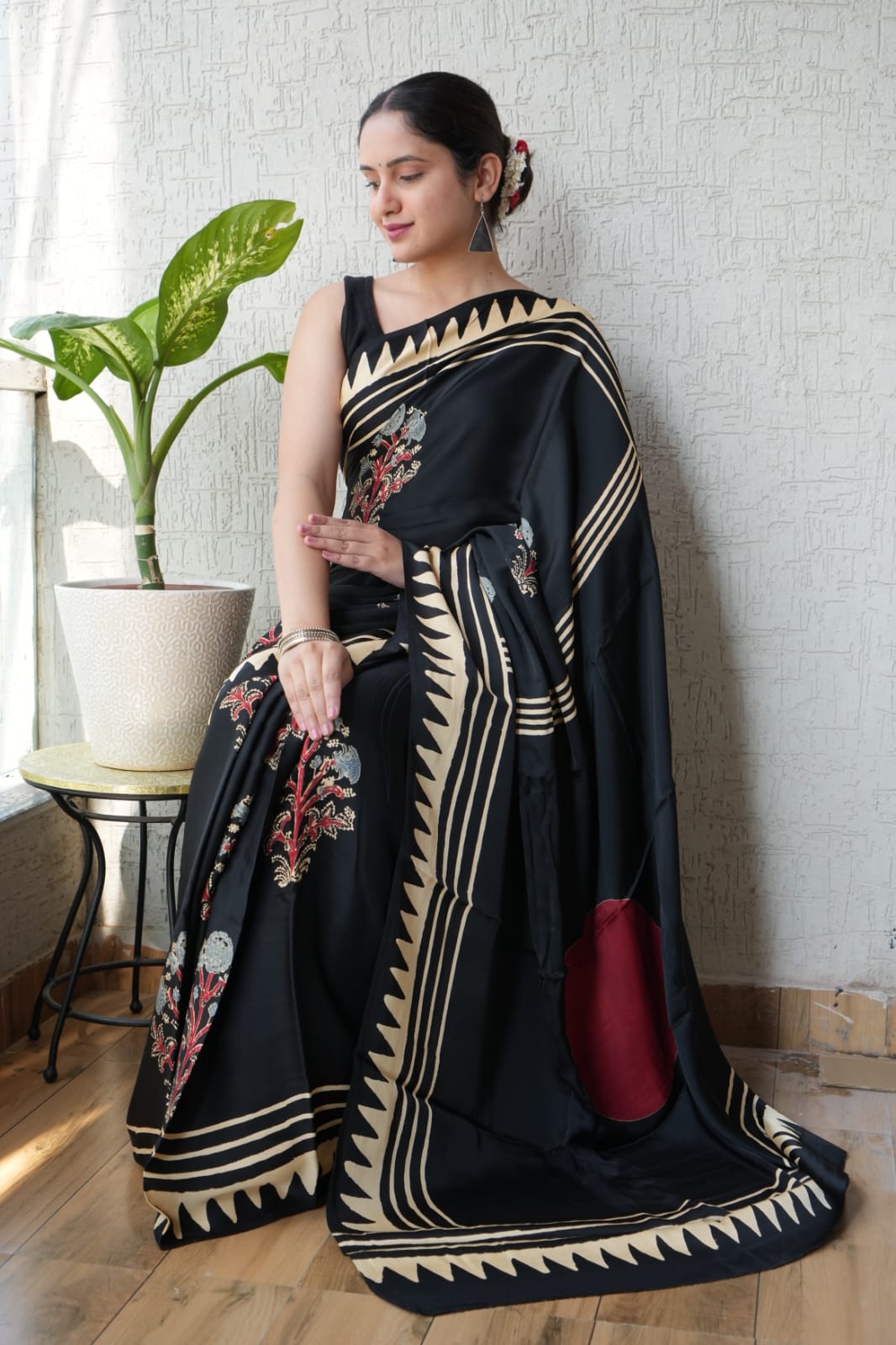 Ajrakh Hand Block Bagru Vanspati Printend Modal Silk Saree with Blouse (CID105)