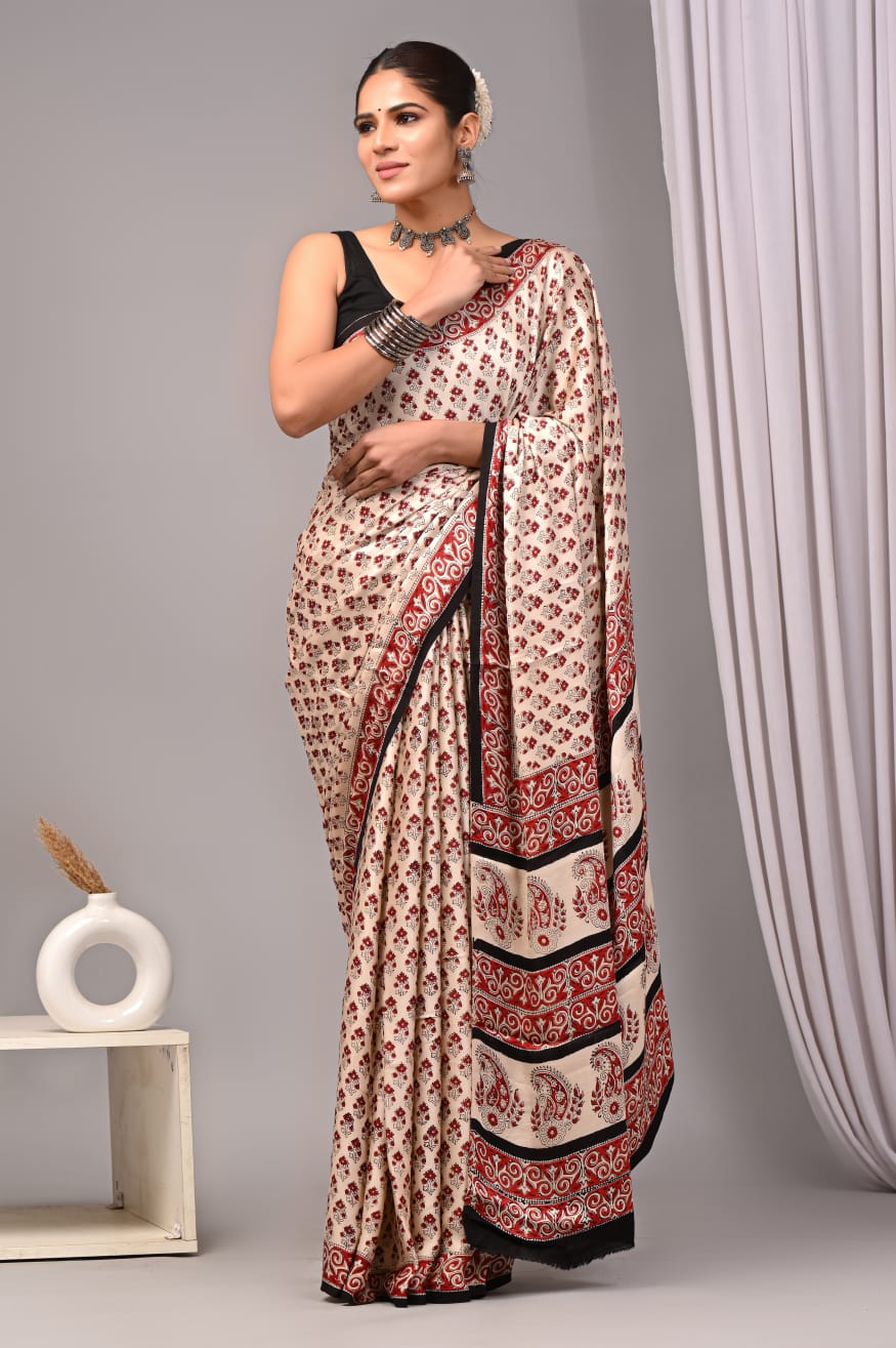 Ajrakh Hand Block Bagru Vanspati Printend Modal Silk Saree with Blouse (CID106)
