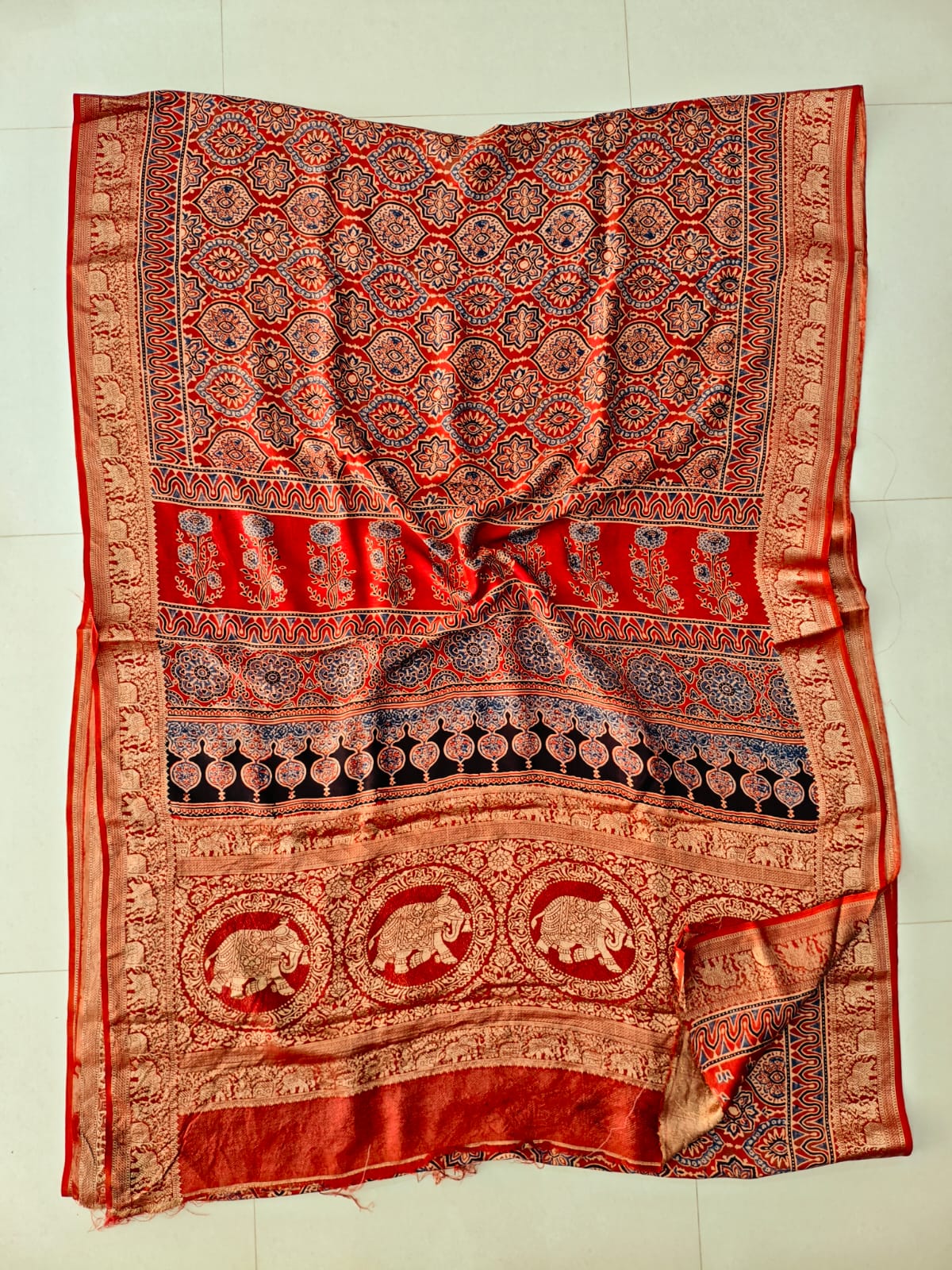 AJRAKH PRINTED PURE DOLA SILK SAREE WITH BLOUSE (MS67)