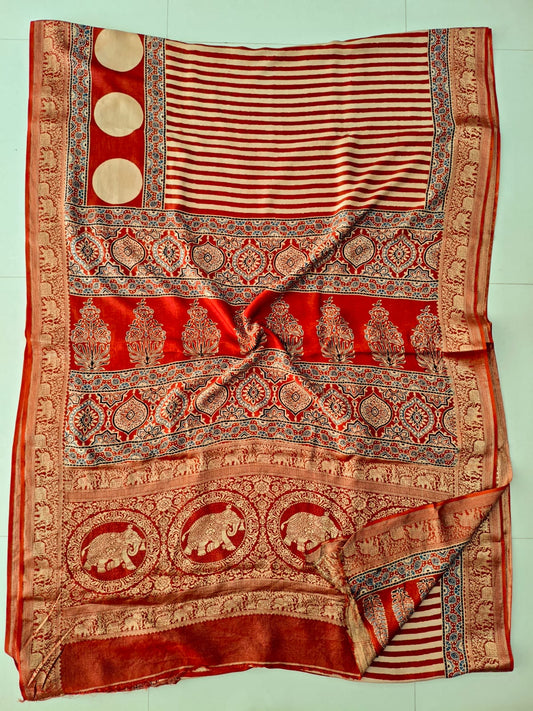 AJRAKH PRINTED PURE DOLA SILK SAREE WITH BLOUSE (MS66)