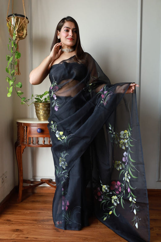 HAND BURSH PAINTED ORGANZA SILK SAREE WITH BLOUSE (CIB38)