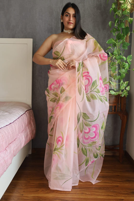 HAND BURSH PAINTED ORGANZA SILK SAREE WITH BLOUSE (CIB40)