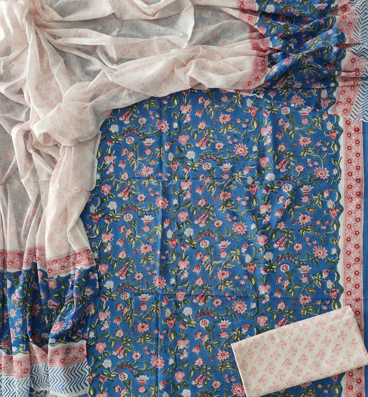 HAND BLOCK PRINTED COTTON 3-PIS SUIT WITH MULMUL DUPPATA (CMS152)