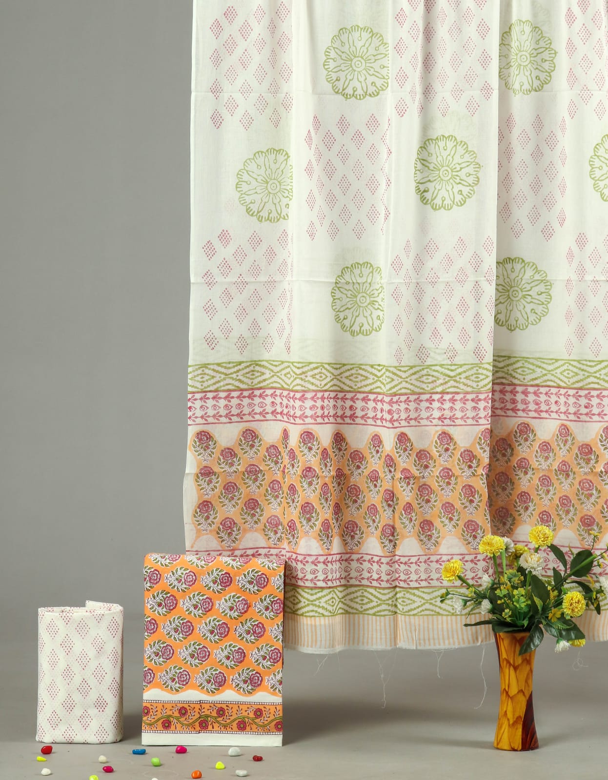 HAND BLOCK PRINTED COTTON 3-PIS SUIT WITH MULMUL DUPPATA (CMS155)