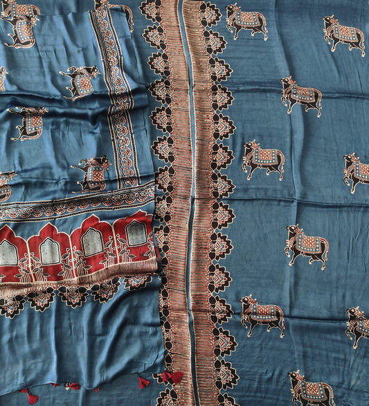 )Vanaspati Ajrakh Hand Block Printed Suits Modal Silk Fabric (CIT111)