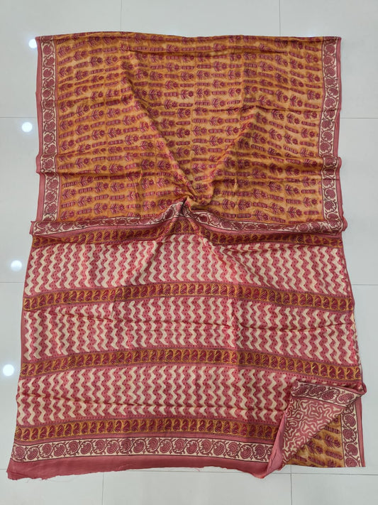 Pomegranate Printed Ajrakh Hand Block Modal Silk Saree with Blouse (CID110)