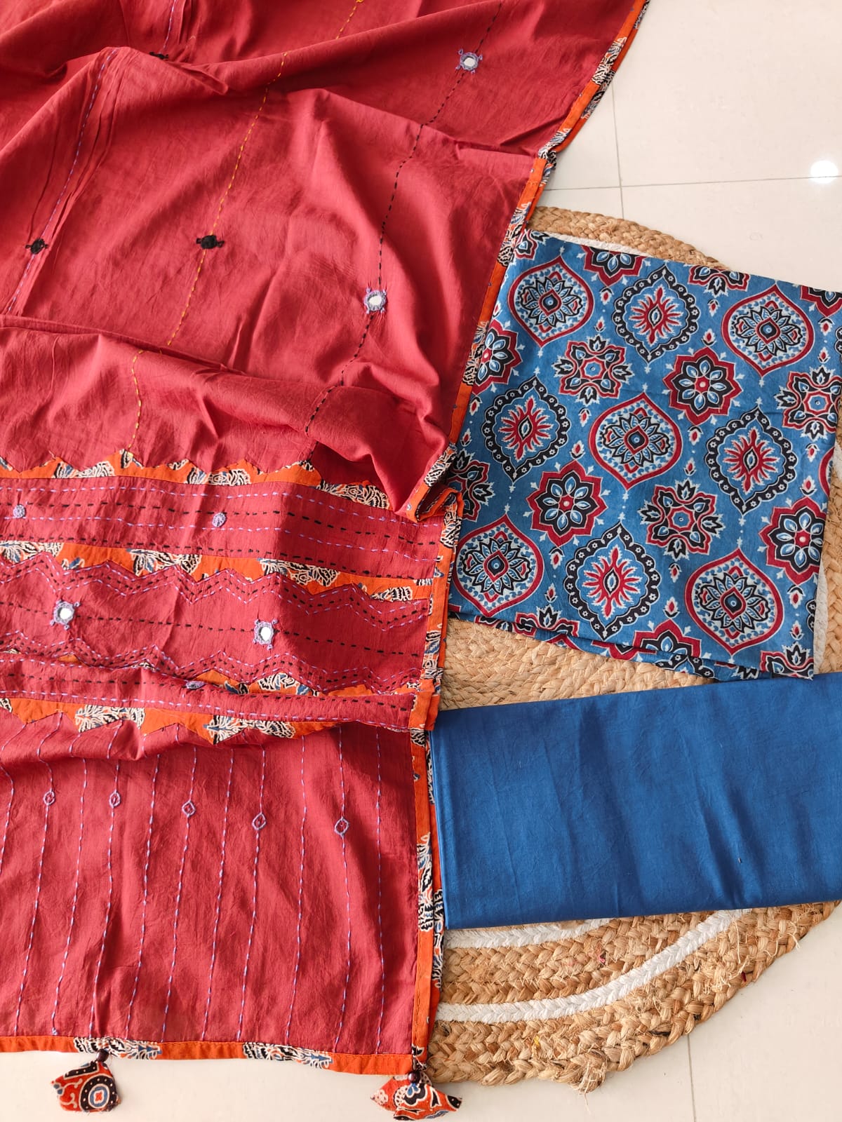 Ajarkh Print Suit Pcs With Patch Work And Mirror Work Dupatta (ASW07)