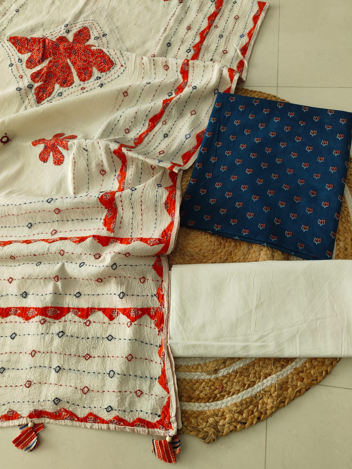 Ajarkh Print Suit Pcs With Patch Work And Mirror Work Dupatta (ASC010)