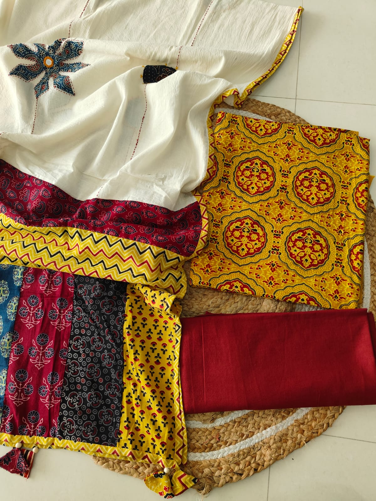 Ajarkh Print Suit Pcs With Patch Work And Mirror Work Dupatta (ASC013)