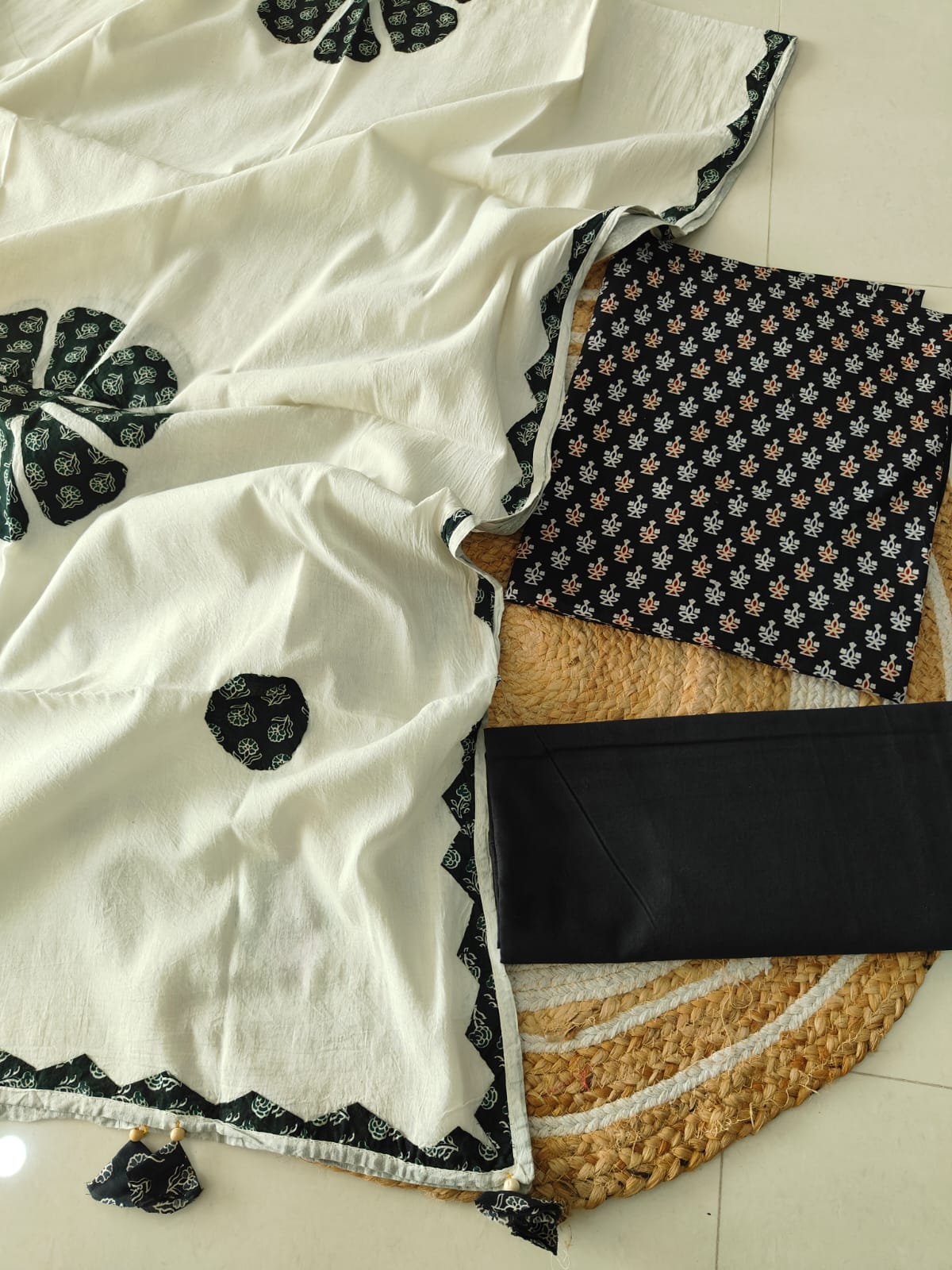 Ajarkh Print Suit Pcs With Patch Work And Mirror Work Dupatta (ASC016)
