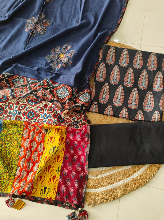 Ajarkh Print Suit Pcs With Patch Work And Mirror Work Dupatta (ASC019)