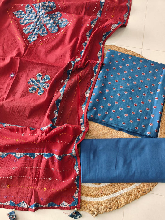 Ajarkh Print Suit Pcs With Patch Work And Mirror Work Dupatta (ASC017)