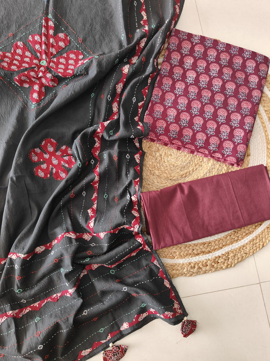 Ajarkh Print Suit Pcs With Patch Work And Mirror Work Dupatta (ASC024)