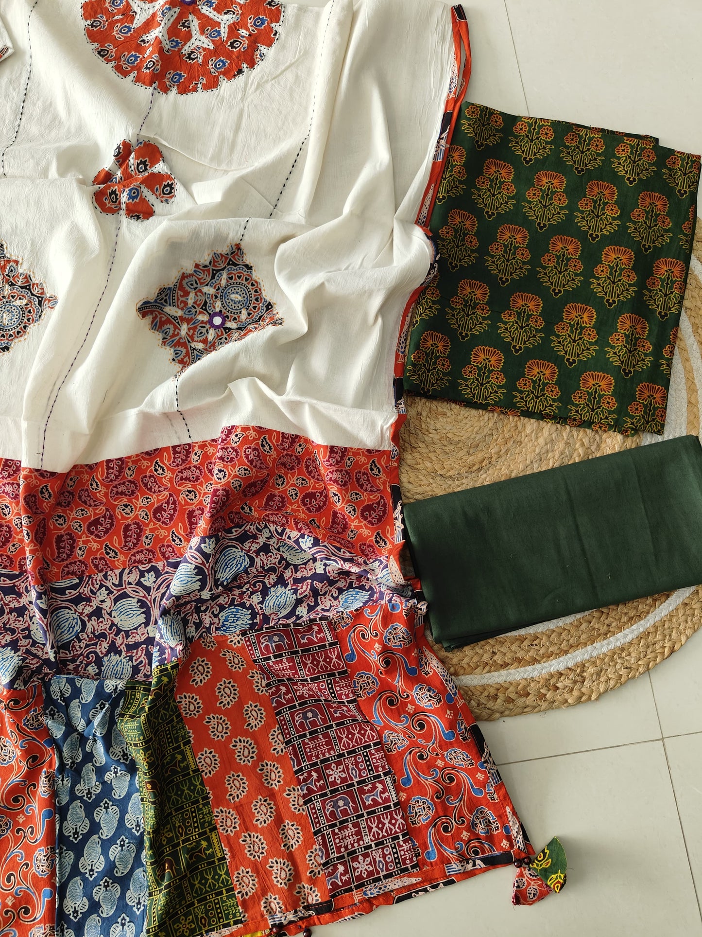 Ajarkh Print Suit Pcs With Patch Work And Mirror Work Dupatta (ASC026)
