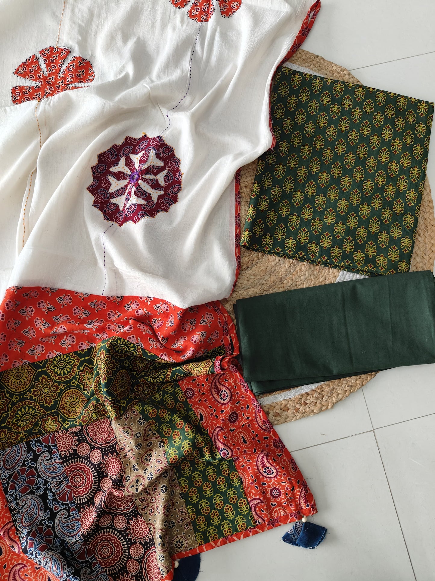 Ajarkh Print Suit Pcs With Patch Work And Mirror Work Dupatta (ASC027)