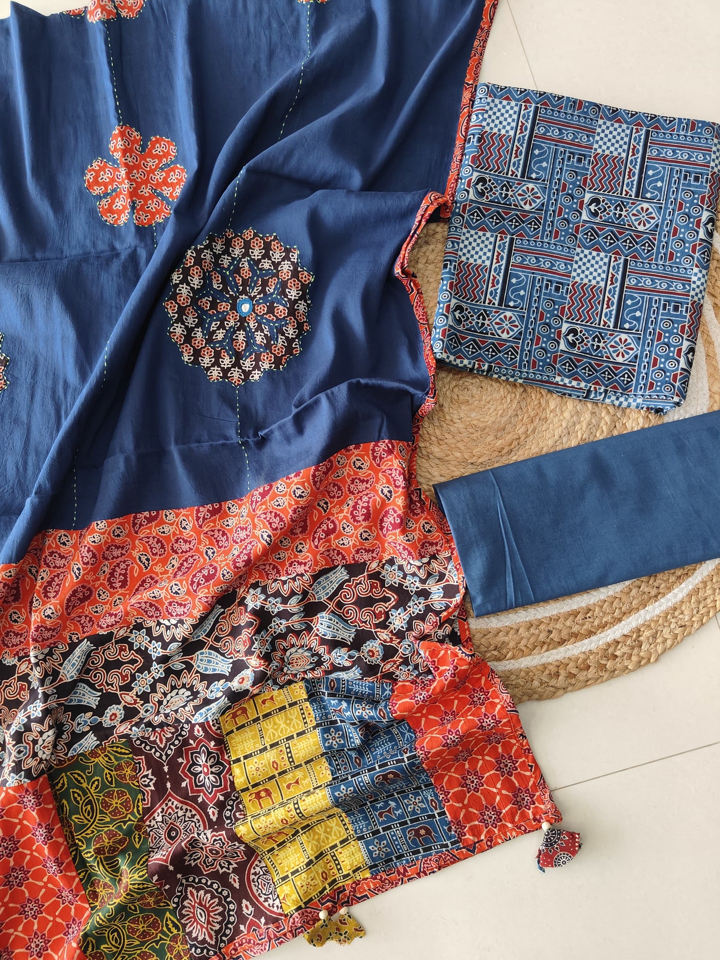 Ajarkh Print Suit Pcs With Patch Work And Mirror Work Dupatta (ASC029)