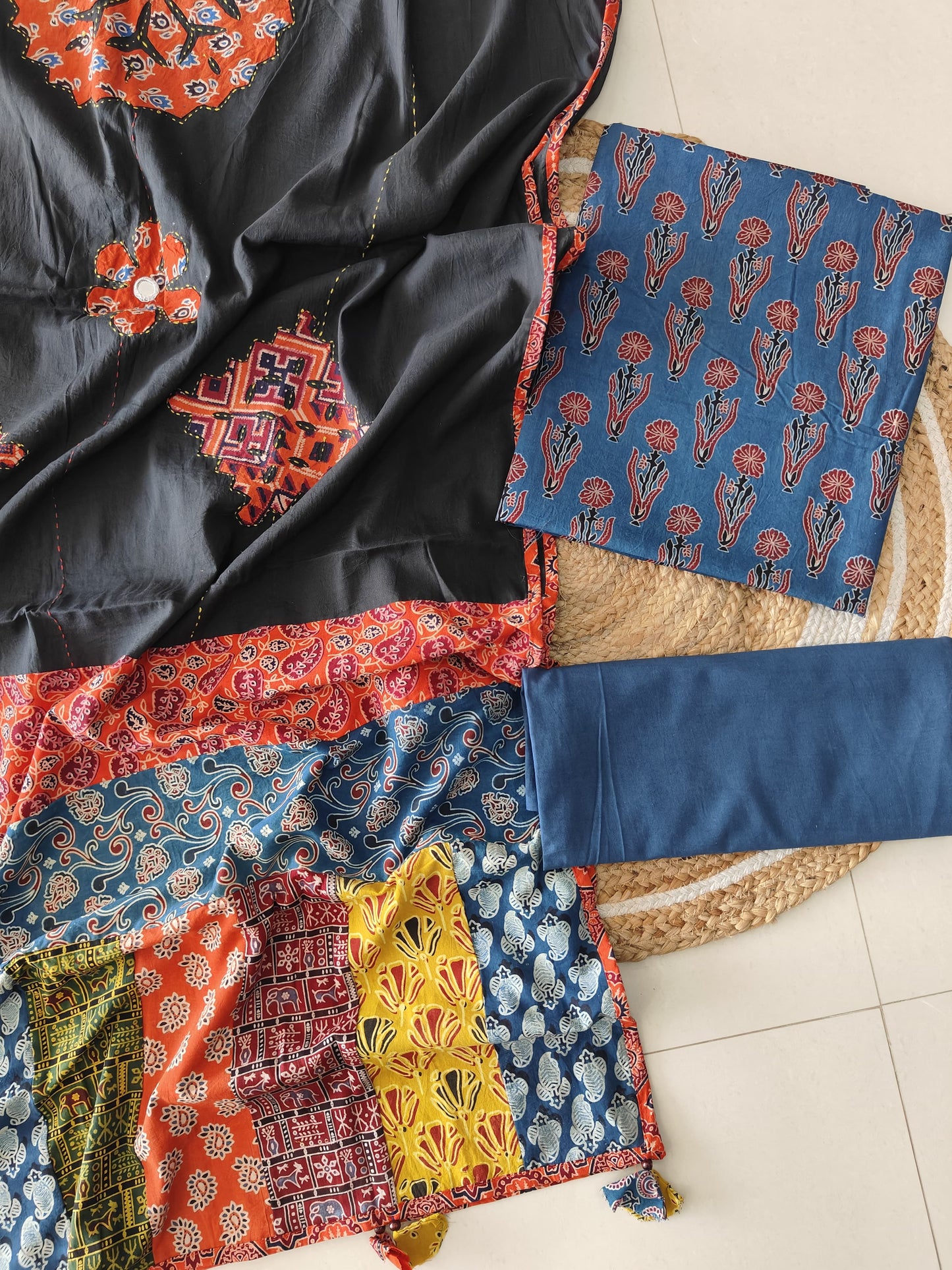 Ajarkh Print Suit Pcs With Patch Work And Mirror Work Dupatta (ASC031)