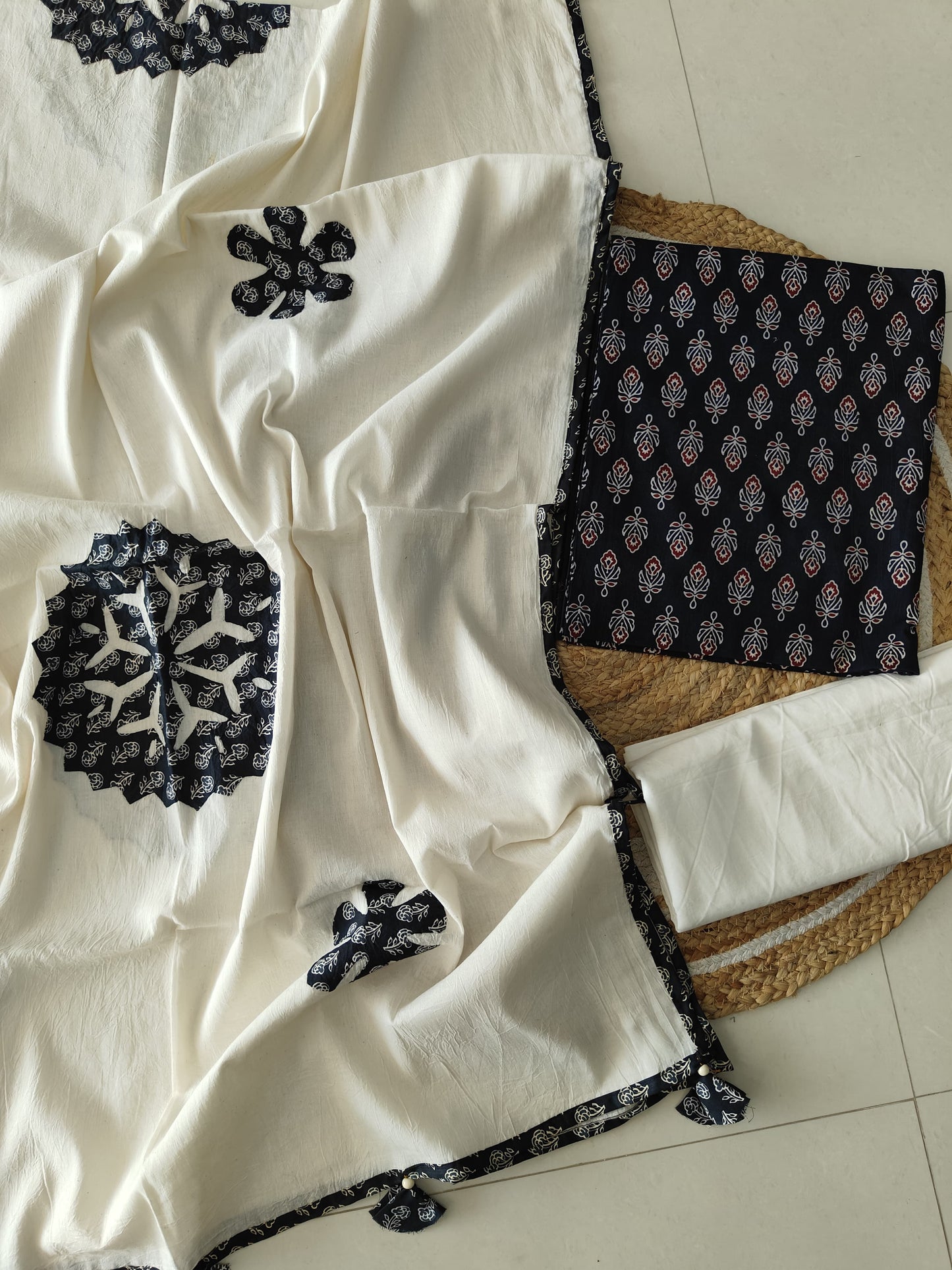 Ajarkh Print Suit Pcs With Patch Work And Mirror Work Dupatta (ASC030)
