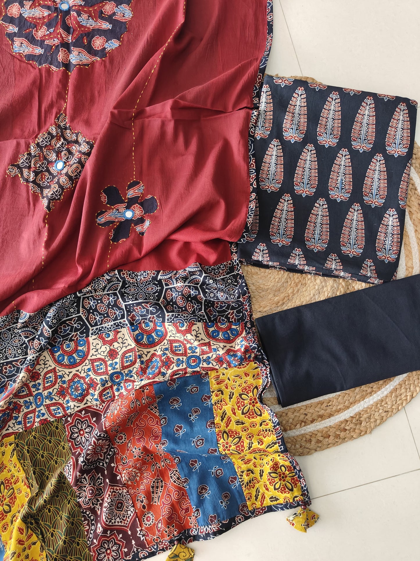 Ajarkh Print Suit Pcs With Patch Work And Mirror Work Dupatta (ASC032)
