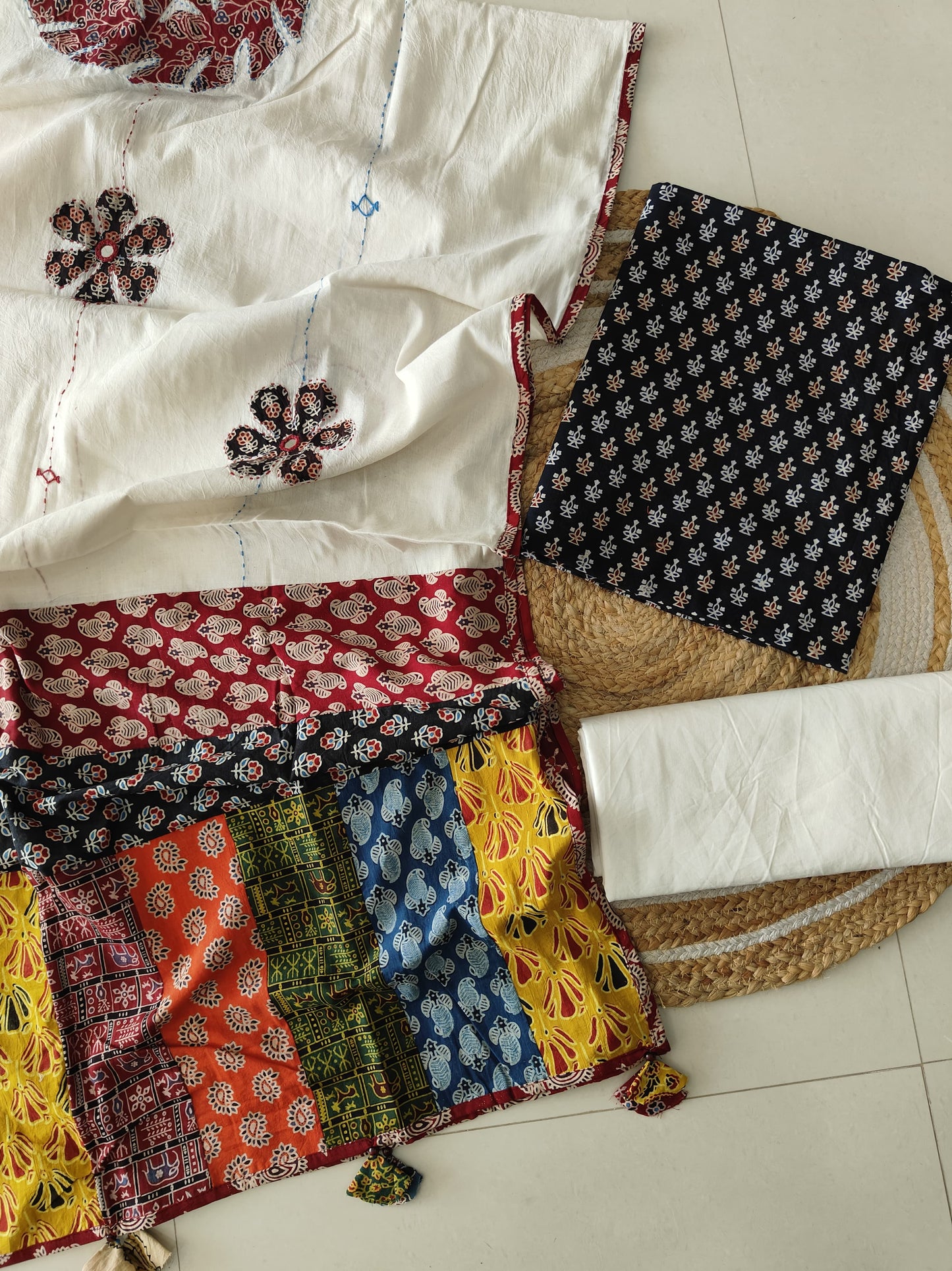 Ajarkh Print Suit Pcs With Patch Work And Mirror Work Dupatta (ASC036)