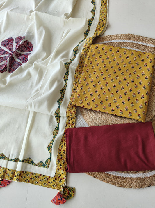 Ajarkh Print Suit Pcs With Patch Work And Mirror Work Dupatta (ASC040)