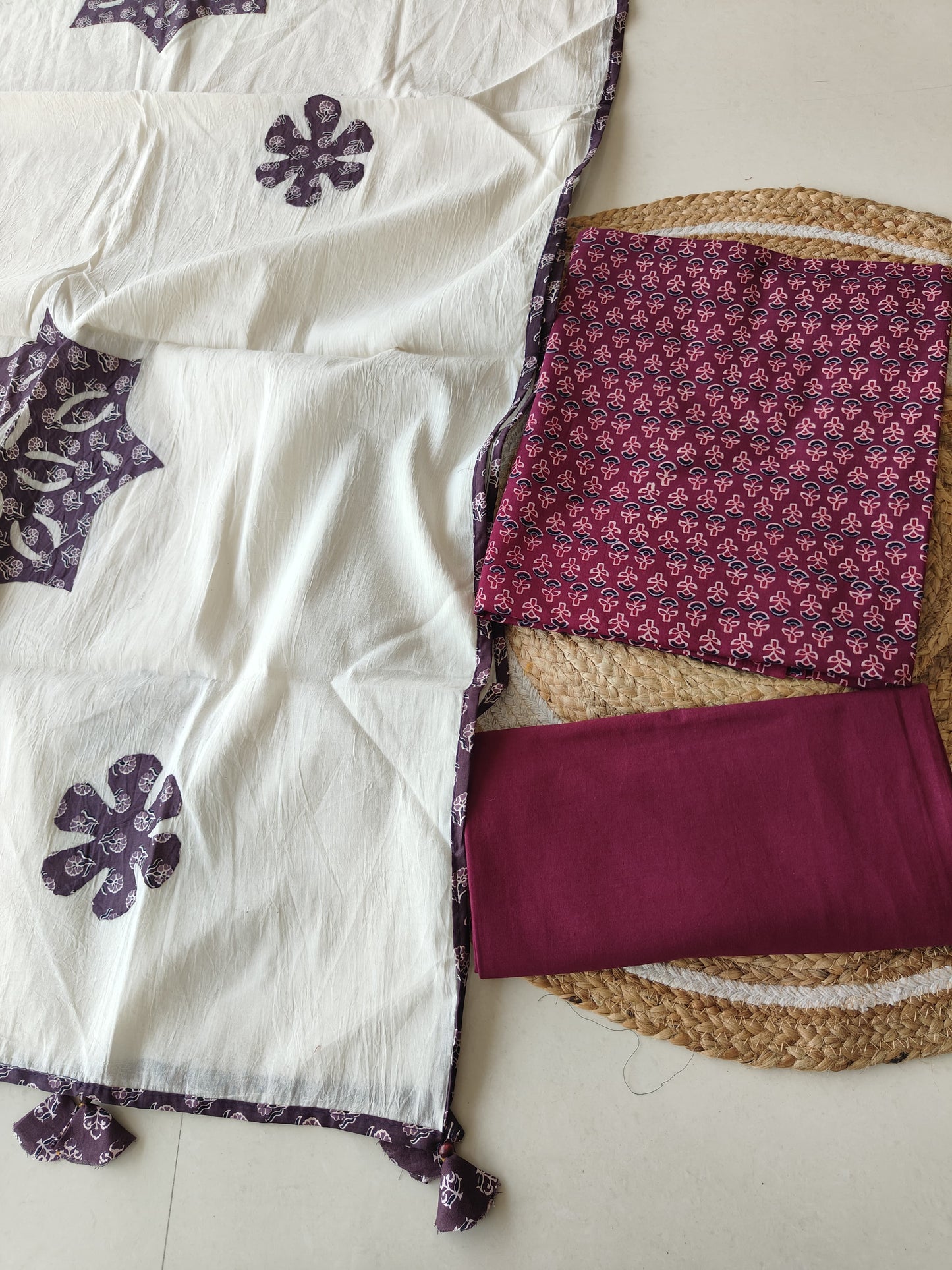 Ajarkh Print Suit Pcs With Patch Work And Mirror Work Dupatta (ASC041)