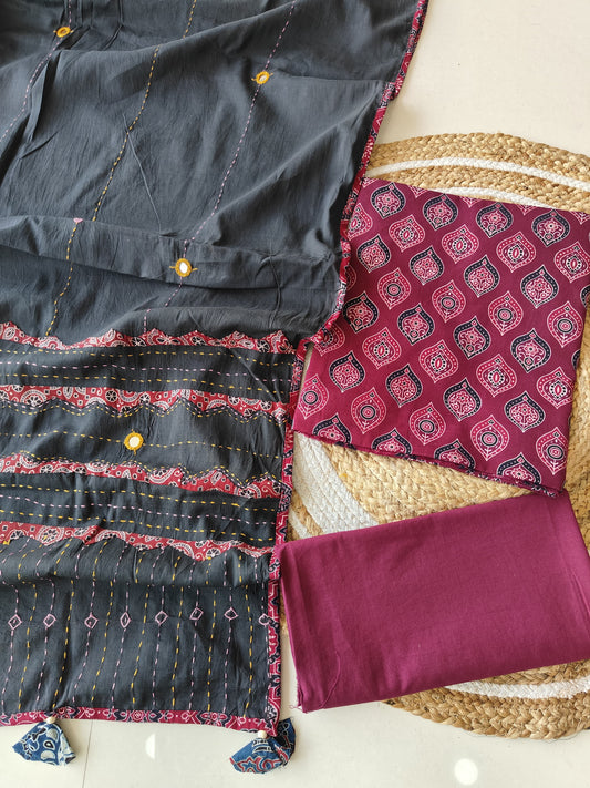 Ajarkh Print Suit Pcs With Patch Work And Mirror Work Dupatta (ASC043)