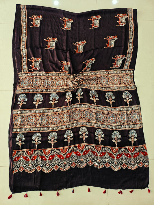 MIRROR WORK HAND BLOCK AJRAKH MODAL SILK SAREE WITH BLOUSE (CIV23)