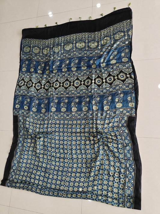 MIRROR WORK HAND BLOCK AJRAKH MODAL SILK SAREE WITH BLOUSE (CIV27)