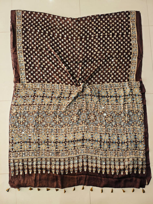 MIRROR WORK HAND BLOCK AJRAKH MODAL SILK SAREE WITH BLOUSE (CIV28)