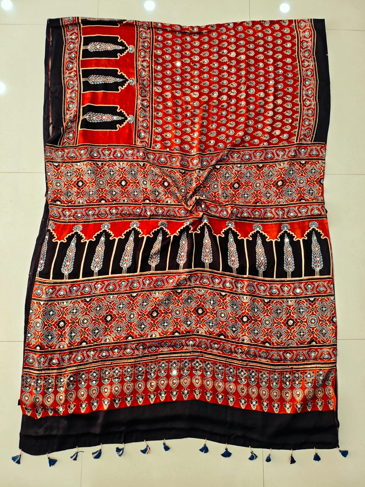 MIRROR WORK HAND BLOCK AJRAKH MODAL SILK SAREE WITH BLOUSE (CIV29)