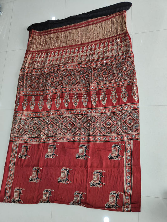 MIRROR WORK HAND BLOCK AJRAKH MODAL SILK SAREE WITH BLOUSE (CIV26)