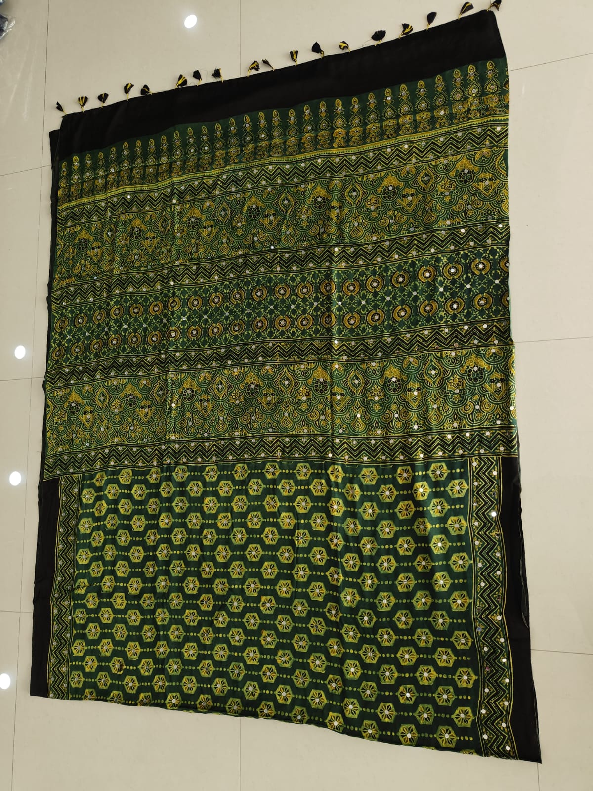 MIRROR WORK HAND BLOCK AJRAKH MODAL SILK SAREE WITH BLOUSE (CIV31)