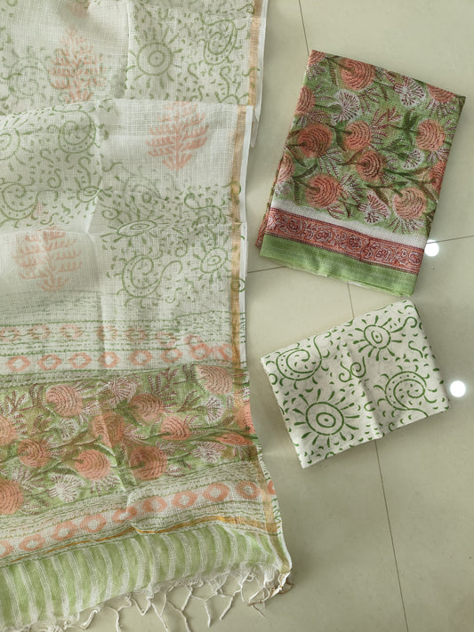 HAND BLOCK PRINTED KOTA DORIYA SUIT WITH KOTA DORIYA DUPPATA (FKS154)