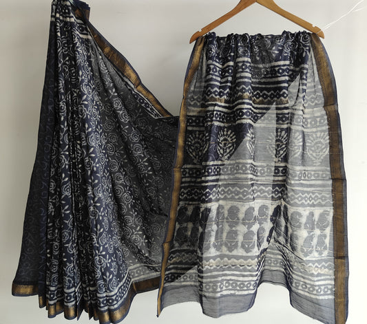 Jaipuri Hand Block Bagru Printed Maheshwari Silk Saree With Blouse (MSS191)