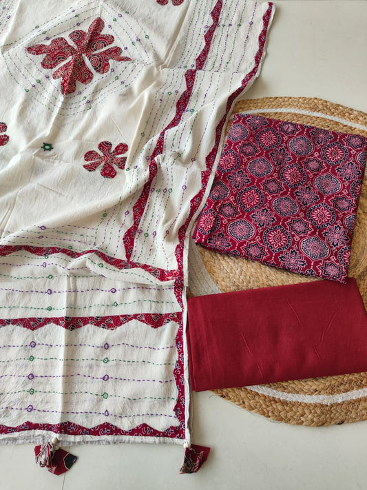 Ajarkh Print Suit Pcs With Patch Work And Mirror Work Dupatta (ASC065)