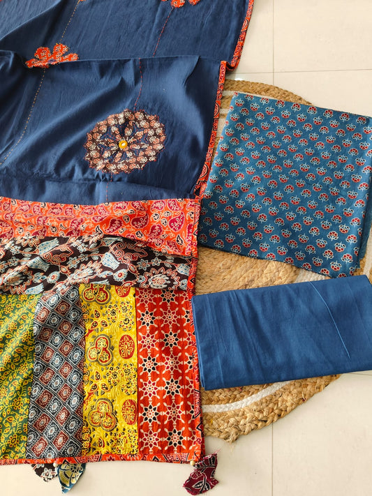 Ajarkh Print Suit Pcs With Patch Work And Mirror Work Dupatta (ASC068)