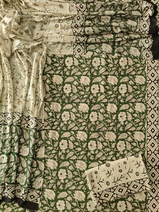 HAND BLOCK PRINTED COTTON 3-PIS SUIT WITH MULMUL DUPPATA (CMS163)