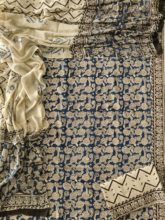 HAND BLOCK PRINTED COTTON 3-PIS SUIT WITH MULMUL DUPPATA (CMS166)