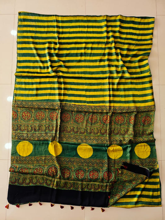 HAND BLOCK PRINTED AJRAKH MODAL SILK SAREE (CIG173)