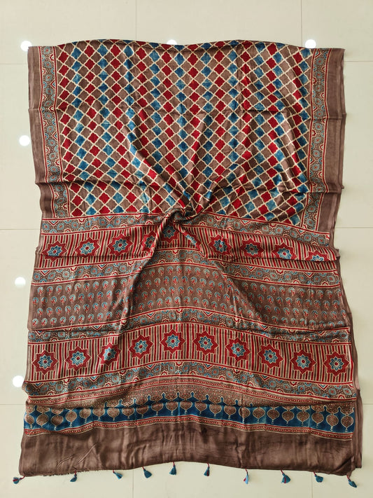 HAND BLOCK PRINTED AJRAKH MODAL SILK SAREE (CIG179)