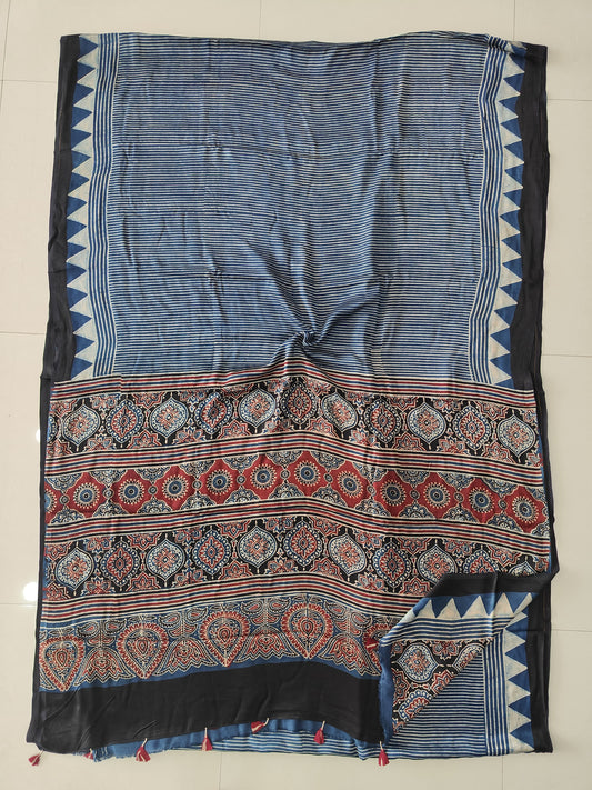 HAND BLOCK PRINTED AJRAKH MODAL SILK SAREE (CIG185)