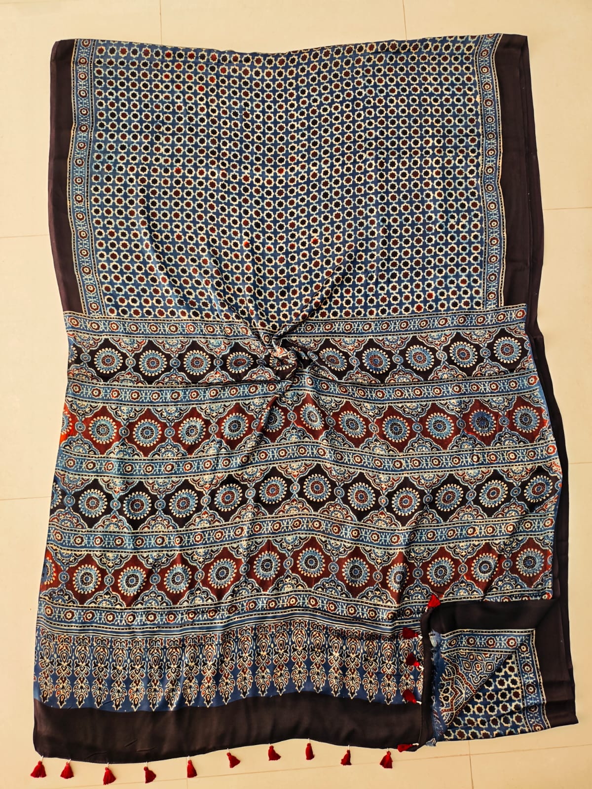 HAND BLOCK PRINTED AJRAKH MODAL SILK SAREE (CIG189)