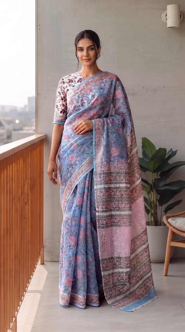 HAND BLOCK BAGRU PRINTED KOTA DORIYA SAREE WITH MULMUL BLOUSE (KDS126)