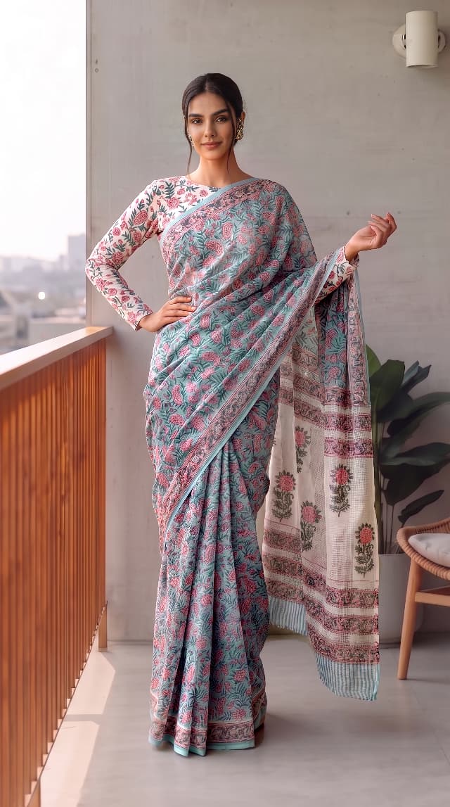 HAND BLOCK BAGRU PRINTED KOTA DORIYA SAREE WITH MULMUL BLOUSE (KDS138)