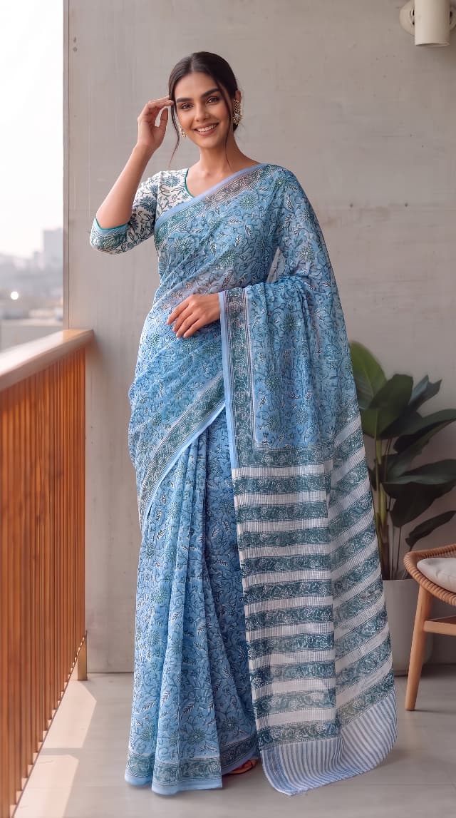 HAND BLOCK BAGRU PRINTED KOTA DORIYA SAREE WITH MULMUL BLOUSE (KDS140)