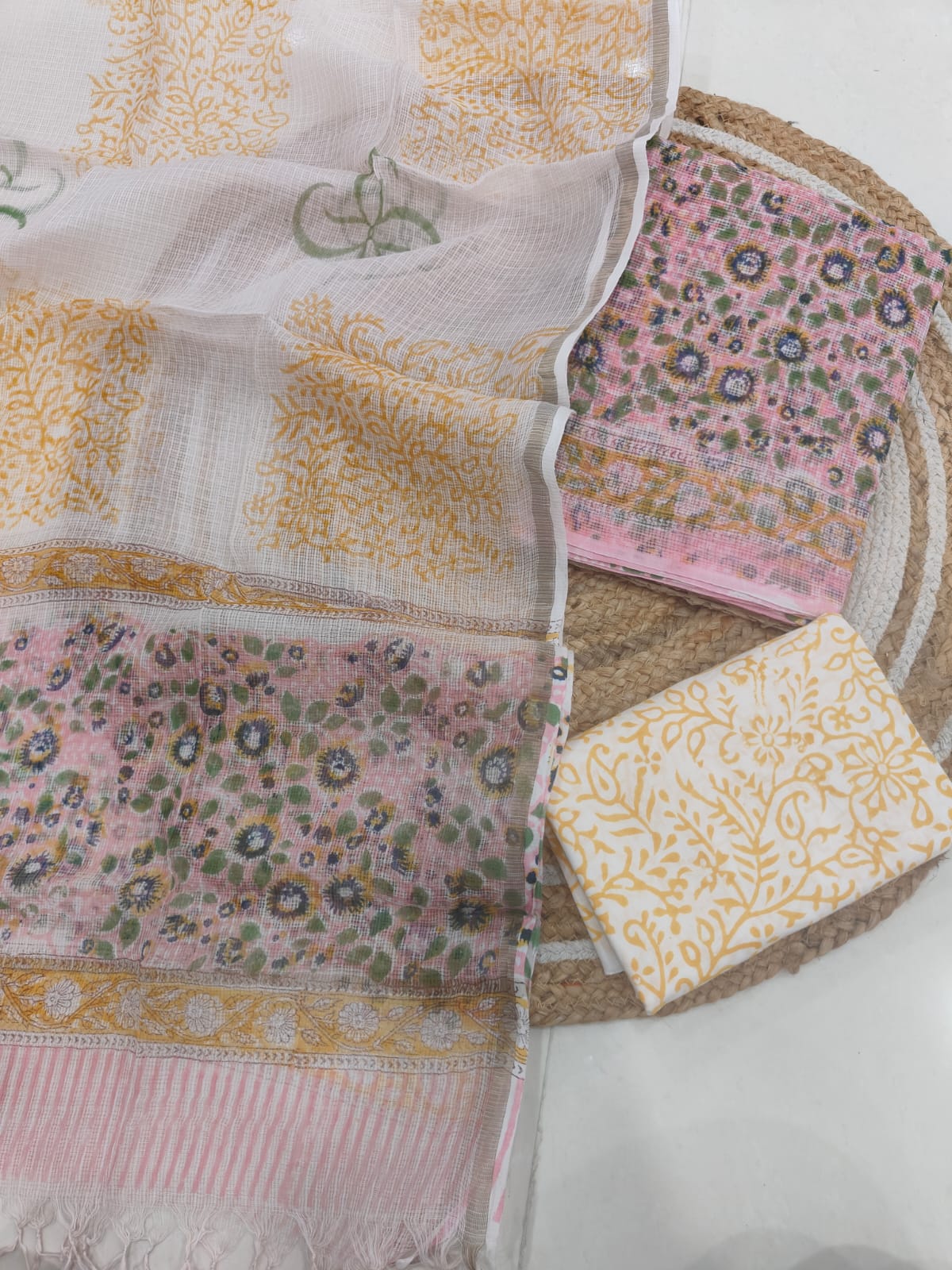 HAND BLOCK PRINTED KOTA DORIYA SUIT WITH KOTA DORIYA DUPPATA (FKS180)